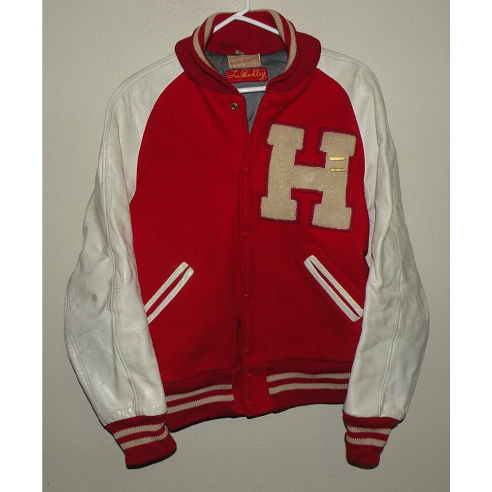 Vtg 60s Ukes Sports Great Falls Wool Leather Red White Varsity Lettermans Jacket